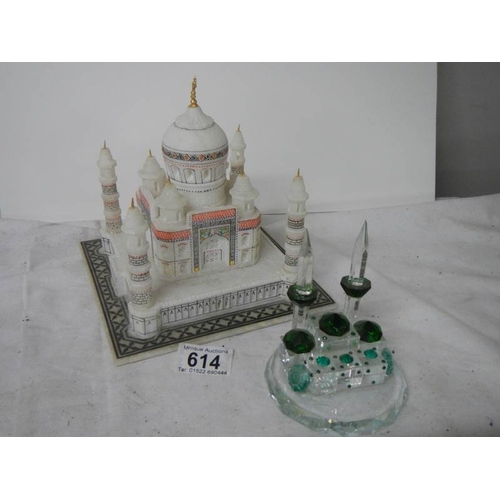 614 - A good alabaster model of a mosque (base 18 cm square) together with a glass model of a mosque with ... 