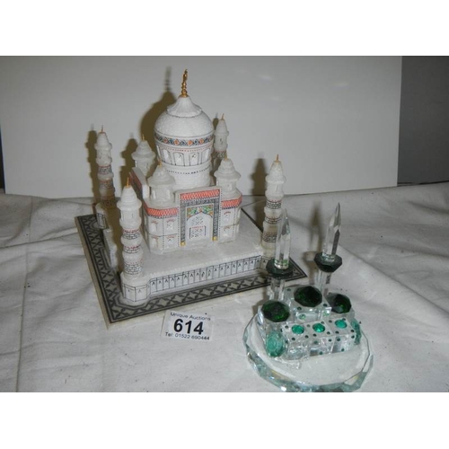 614 - A good alabaster model of a mosque (base 18 cm square) together with a glass model of a mosque with ... 