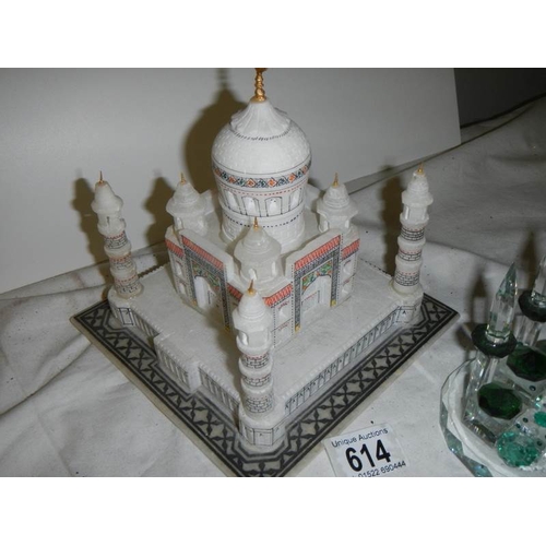 614 - A good alabaster model of a mosque (base 18 cm square) together with a glass model of a mosque with ... 