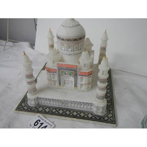 614 - A good alabaster model of a mosque (base 18 cm square) together with a glass model of a mosque with ... 