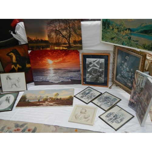 631 - Approximately fifteen assorted pictures including dog studies, Cries of London prints etc.,