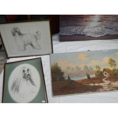 631 - Approximately fifteen assorted pictures including dog studies, Cries of London prints etc.,