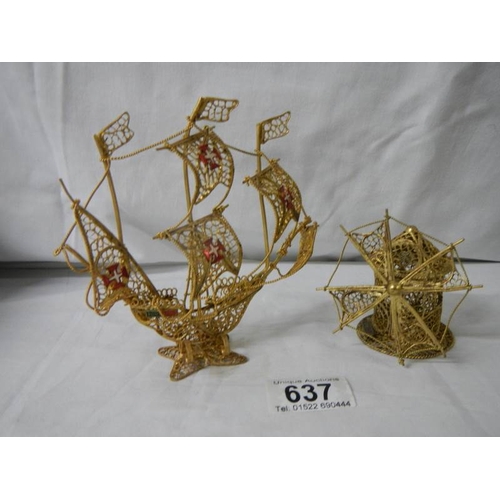 637 - A gold coloured wire model of a sailing ship and a windmill.