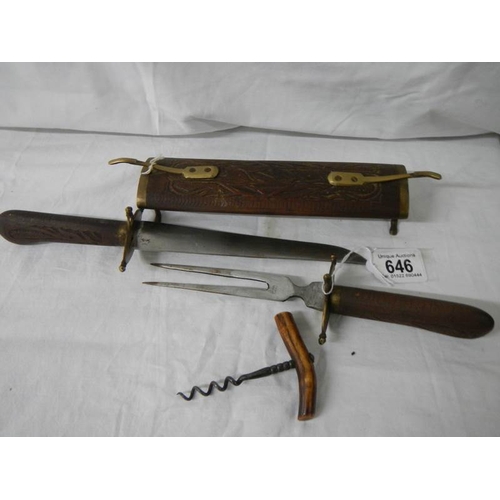 646 - An unusual carving set in a carved wood case and a bottle opener.