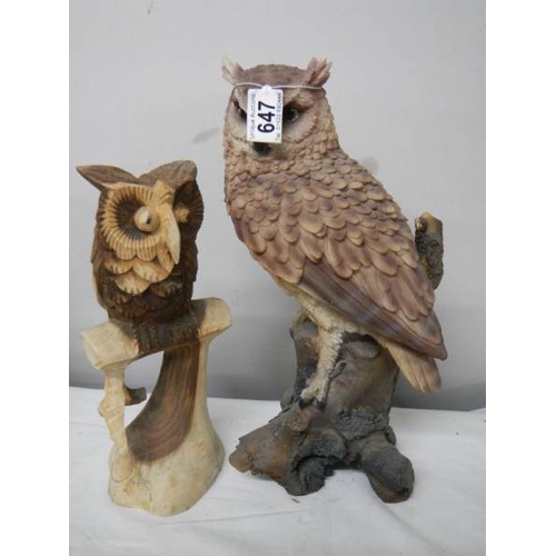 647 - A tall long eared owl (36 cm) and a smaller carved owl.