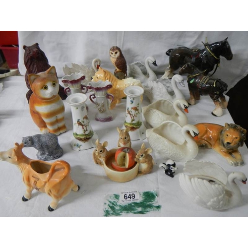 649 - 22 ceramic items including bisque swans, candlesticks etc.,