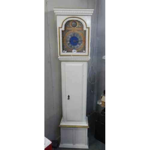 656 - A painted 8 day Grandfather clock with weights and pendulum.