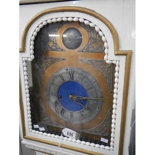 656 - A painted 8 day Grandfather clock with weights and pendulum.