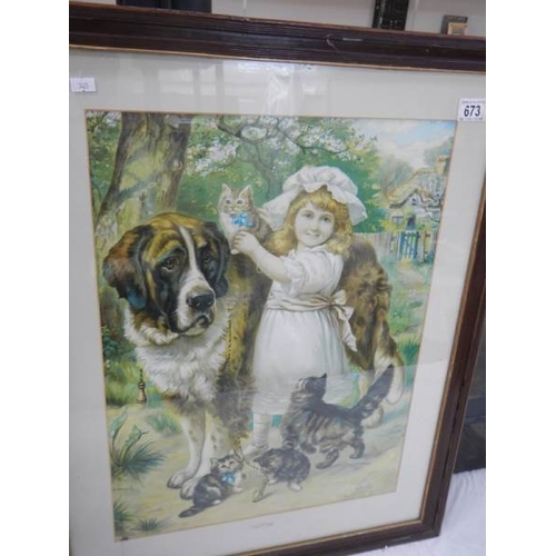 673 - A framed and glazed print of a young girl with a St. Bernard dog.