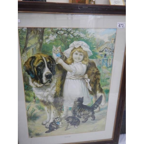 673 - A framed and glazed print of a young girl with a St. Bernard dog.