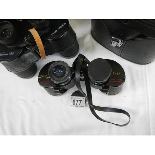 677 - 2 pairs of binoculars, one 7 x 35 Japanese and 12 x 40 Tento Russian.