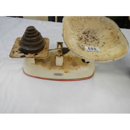 688 - 2 sets of kitchen scales with weights.