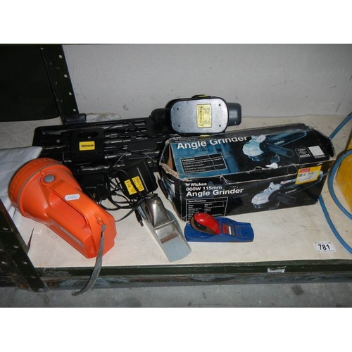 781 - A good collection of work shop tools including angle grinder and a 110 volt converter.