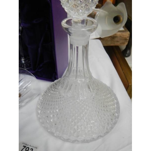 793 - A good quality sherry decanter and 2 lead crystal goblets.