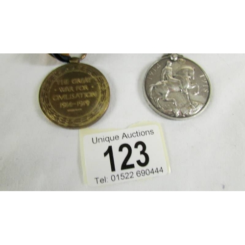 123 - 2 WW1 medals dedicated to G-89416 Pte. W W Mack, Middlesex Regiment.