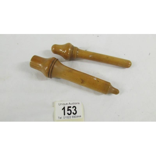 153 - 2 19th century boxwood medical containers, one for syringe, 1 for spare needles.