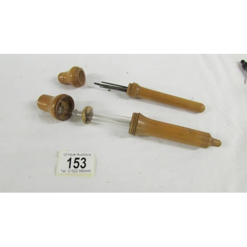 153 - 2 19th century boxwood medical containers, one for syringe, 1 for spare needles.