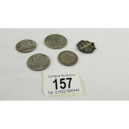 157 - A 1933 twenty franc coin, 2 ten franc coins 1930 & 1936, a 1908 2 franc coin and a 1917 1 franc coin
