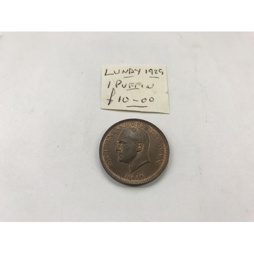 156 - A George 1 1724 half penny, A George III 1806 EF farthing and a Lundy 1929 one puffin coin, all Iris... 