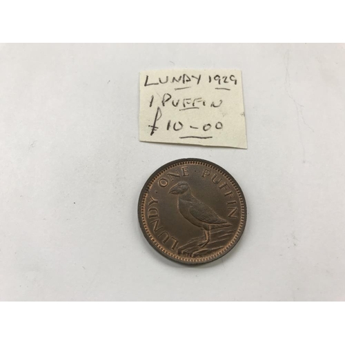 156 - A George 1 1724 half penny, A George III 1806 EF farthing and a Lundy 1929 one puffin coin, all Iris... 