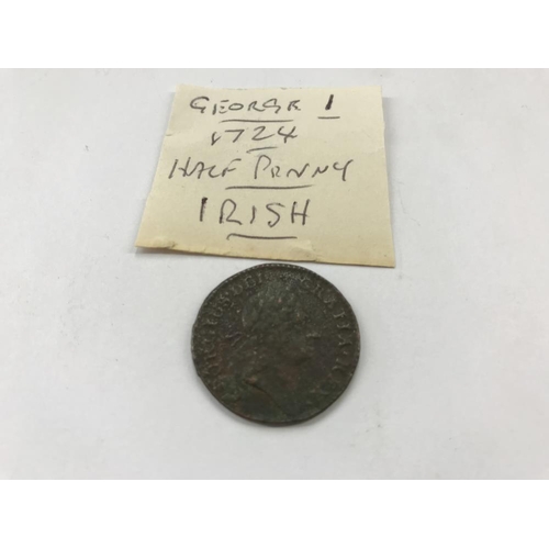 156 - A George 1 1724 half penny, A George III 1806 EF farthing and a Lundy 1929 one puffin coin, all Iris... 