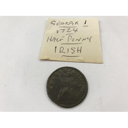 156 - A George 1 1724 half penny, A George III 1806 EF farthing and a Lundy 1929 one puffin coin, all Iris... 