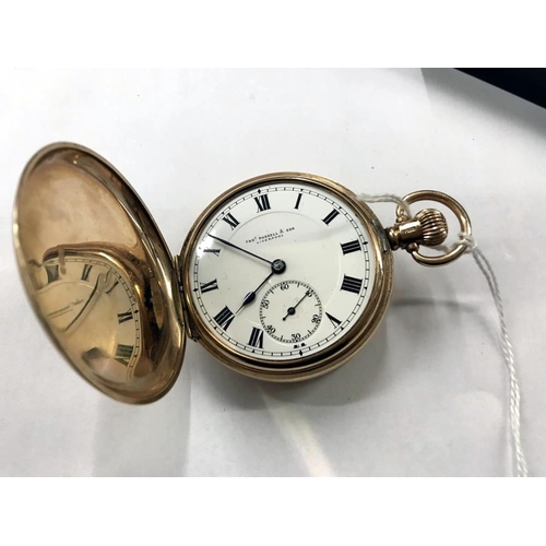 141 - A 9ct gold cased full hunter pocket watch, Swiss movement No. 40502 by Thomas Russell & Son of Liver... 