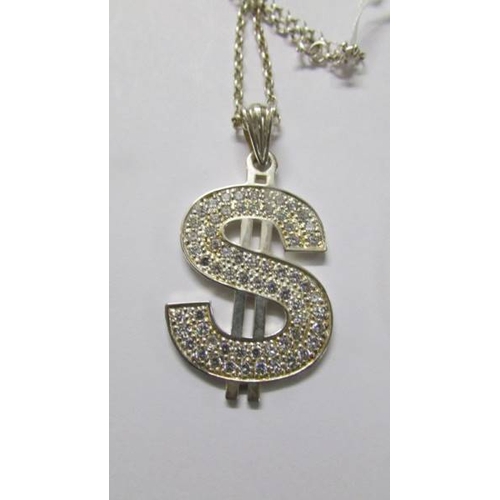 1001 - A silver white stone necklace designed as a dollar sign, length approximately 50 cm.