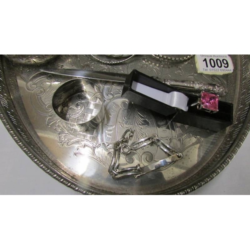 1009 - A Viners of Sheffield silver plate tray, a silver bracelet, a silver ring set pink stone, a silver n... 