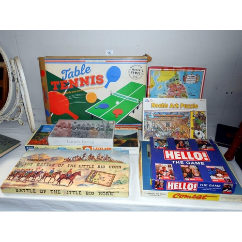 177 - A quantity of games and jigsaws including The Battle of Little Big Horn and table tennis