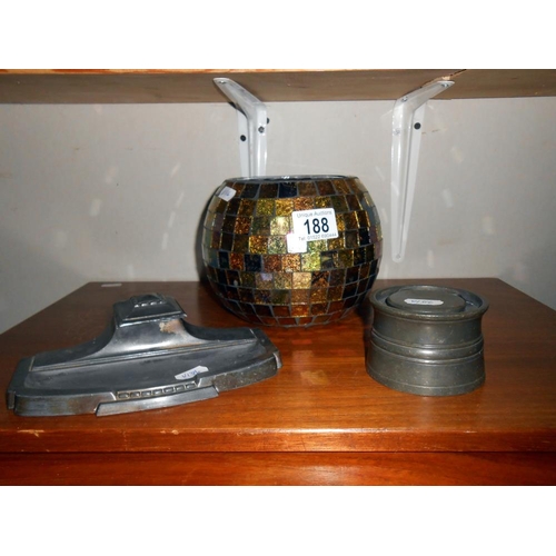 188 - 2 vintage pewter inkwells and a glass bowl