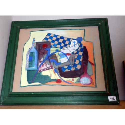 198 - 20c European school abstract cubist table top acrylic on board, signed with the initials K.M.? Size ... 