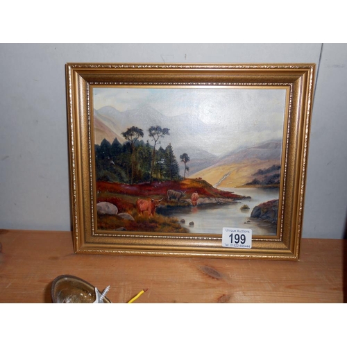 199 - A 20c oil on board by A Tricker, Highland cattle watering in a Scottish landscape, size including fr... 