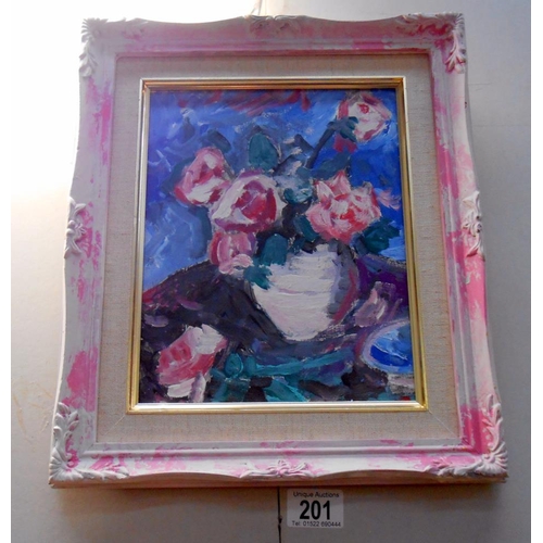 201 - Pink roses in a vase on a table top' 20c colourist school acrylic on board, Size including frame 30.... 