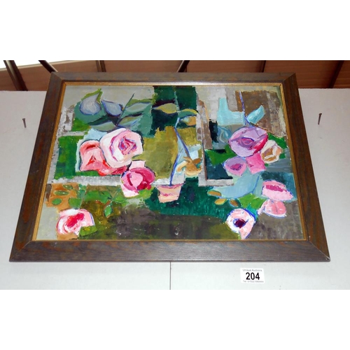 204 - A 20c British school oil on board, pink flowers in abstract form, size including frame 52.5cm x 42cm