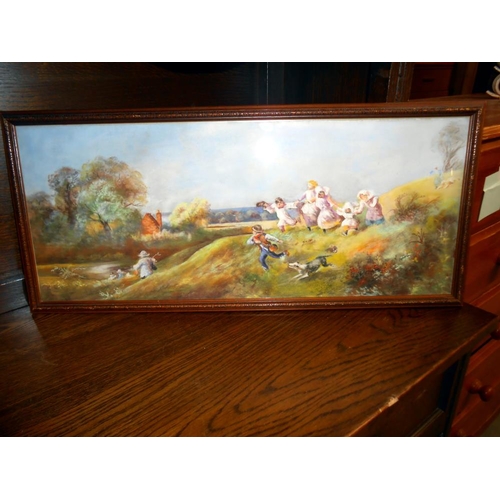 212 - A 20c oil pastel country scene of children playing on a hillside circa 1970's, frame and glazed, siz... 