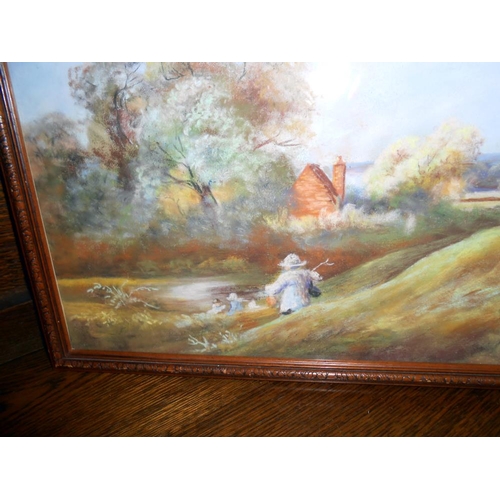 212 - A 20c oil pastel country scene of children playing on a hillside circa 1970's, frame and glazed, siz... 