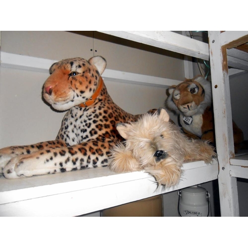 221 - Large leopard, smaller tiger (missing 1 eye) and a yorkshire terrier soft toys