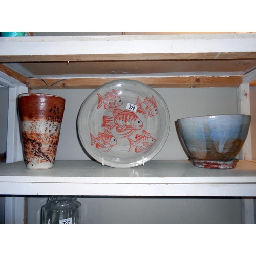 226 - A large fish plate, plant holder with base and a vase by Studio pottery artist Harry Shotton