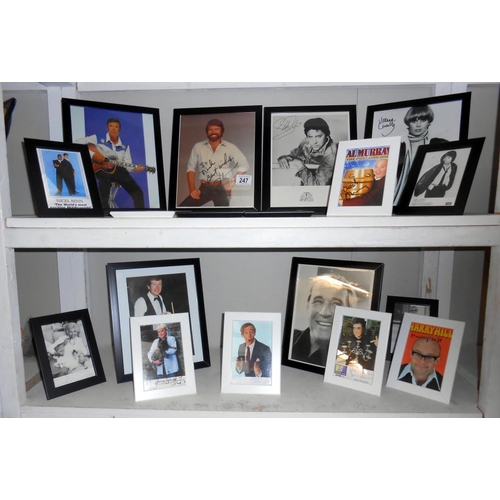 247 - 2 shelves of framed promotional autographs photographs including Cliff Richard, Wendy Richards, Jeth... 