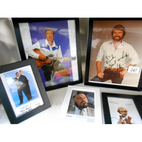 247 - 2 shelves of framed promotional autographs photographs including Cliff Richard, Wendy Richards, Jeth... 