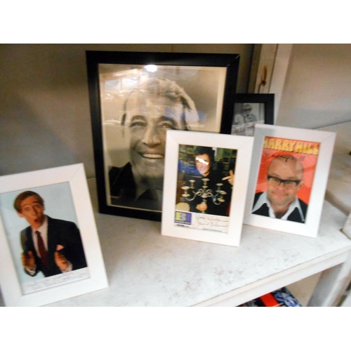 247 - 2 shelves of framed promotional autographs photographs including Cliff Richard, Wendy Richards, Jeth... 