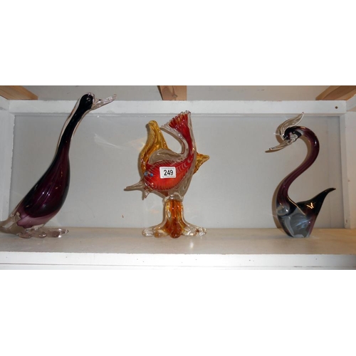 249 - 3 coloured art glass animals, swan has chip to beak and fish has chip to tail and lower fin