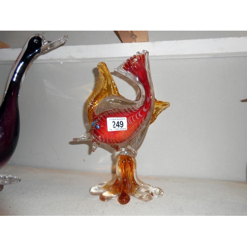 249 - 3 coloured art glass animals, swan has chip to beak and fish has chip to tail and lower fin