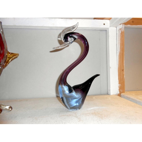 249 - 3 coloured art glass animals, swan has chip to beak and fish has chip to tail and lower fin