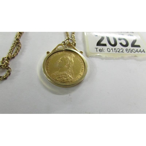 2052 - An 1891 Victorian sovereign on a 9ct gold chain, total weight 15.1 grams.