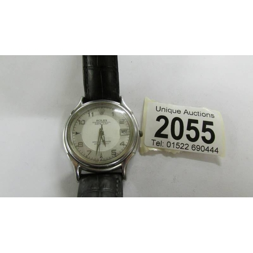 2055 - A Rolex Oyster perpetual date set wrist watch on replacement strap.