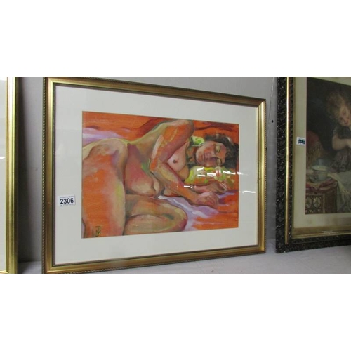 2306 - Michael Jenkins, Modernist acrylic painting of a reclining sleeping female nude signed with initials... 