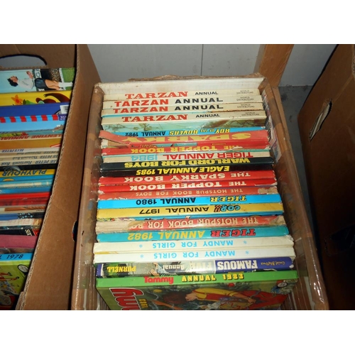 324 - 2 boxes of vintage childrens annuals including Tarzan, Space 1999, Roy of the Rovers etc.