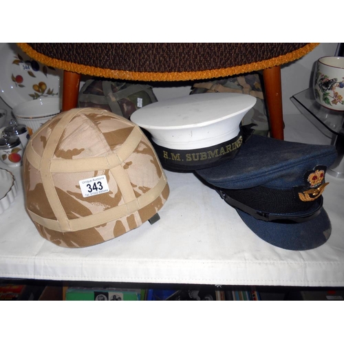 343 - 5 military helmets/caps including No.1 dress RAF officer and H.M. Submariner cap, all need cleaning ... 